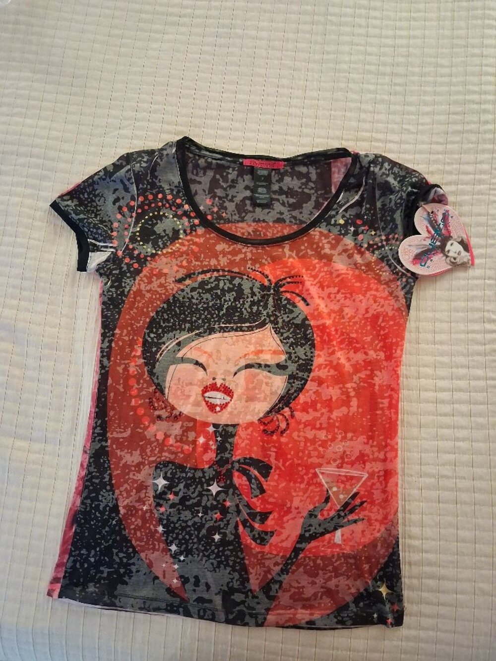 Cap-sleeve colorful top, imported from Spain, in beautiful burn-out fabric